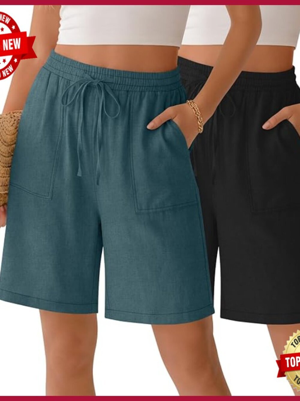 2 Pack Linen Bermuda Shorts High Waisted Wide Leg with Pockets